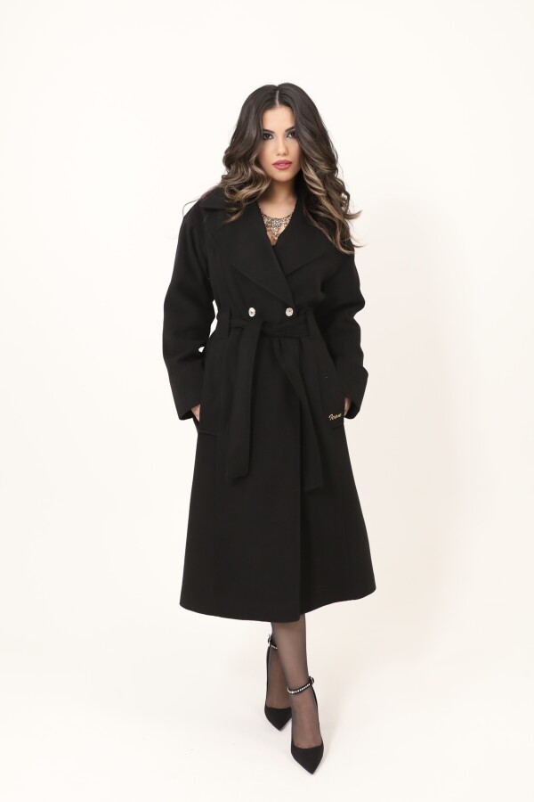Black Double-Breasted Coat with Rhinestone Button Details - 1
