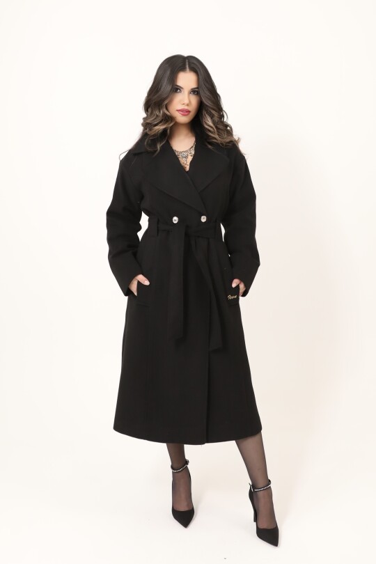 Black Double-Breasted Coat with Rhinestone Button Details - 2