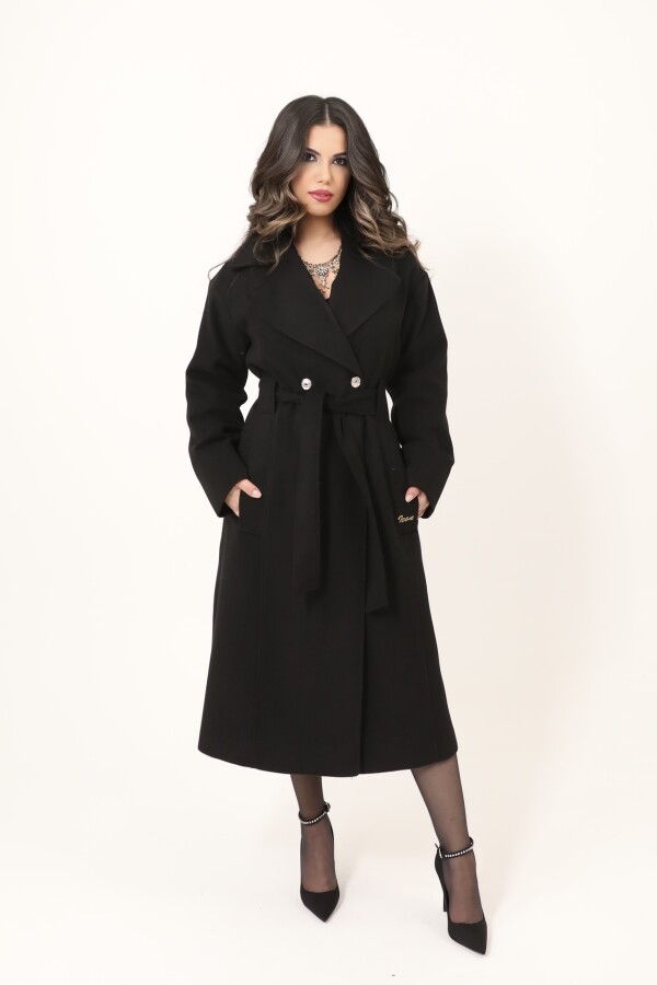 Black Double-Breasted Coat with Rhinestone Button Details - 2