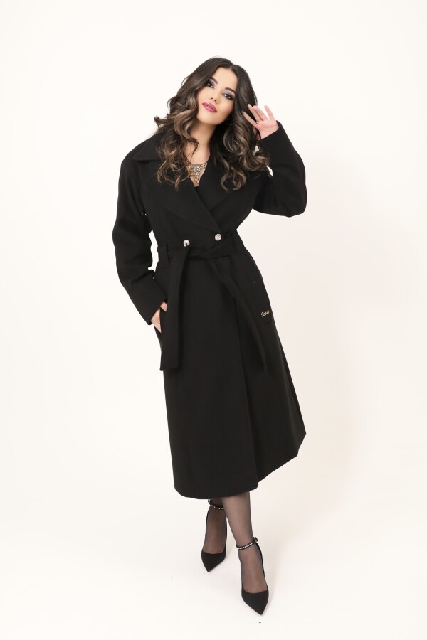 Black Double-Breasted Coat with Rhinestone Button Details - 3