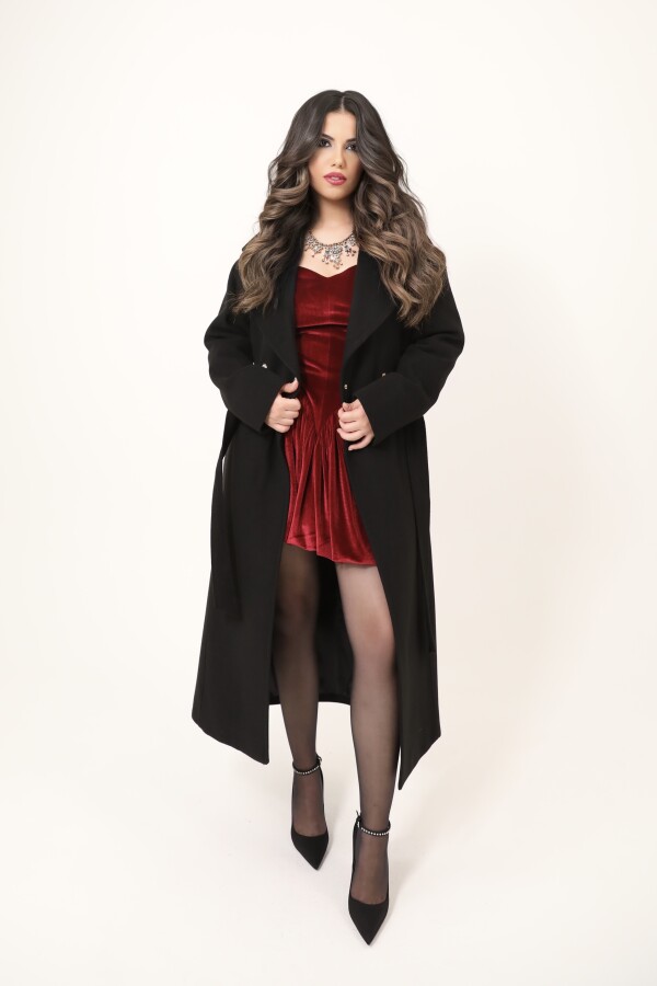 Black Double-Breasted Coat with Rhinestone Button Details - 4
