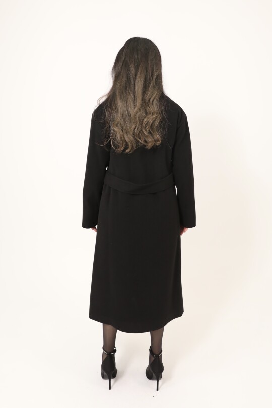 Black Double-Breasted Coat with Rhinestone Button Details - 6