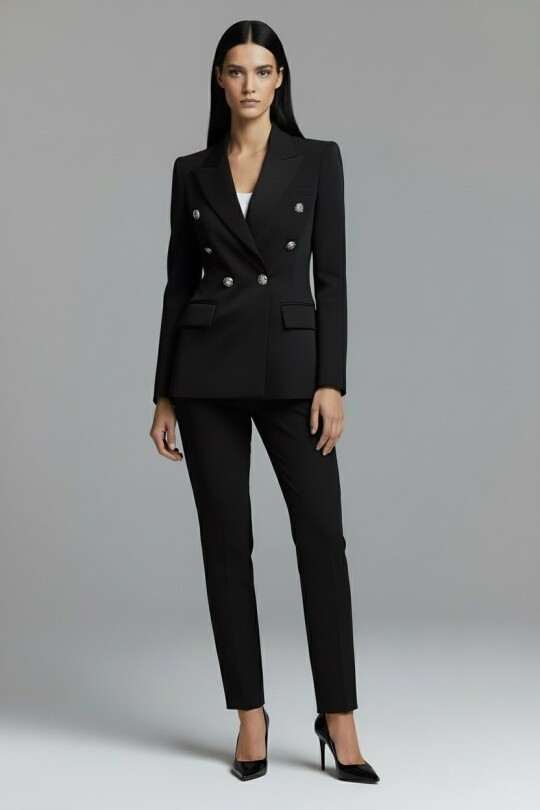 BLACK DOUBLE-BREASTED WAISTED BLAZER JACKET - BERFUĞ KIRAN