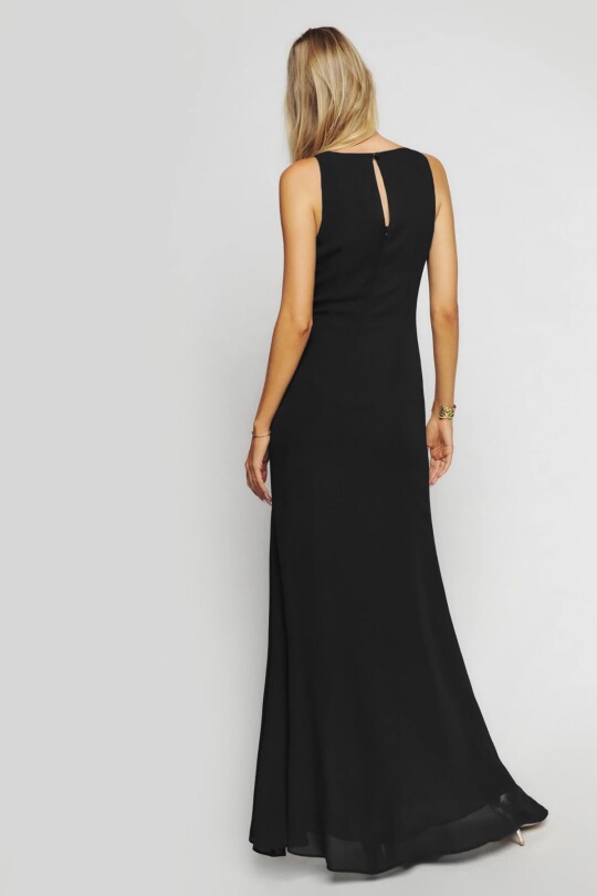 BLACK DRAPED CHIFFON EVENING DRESS WITH SLIT - 5