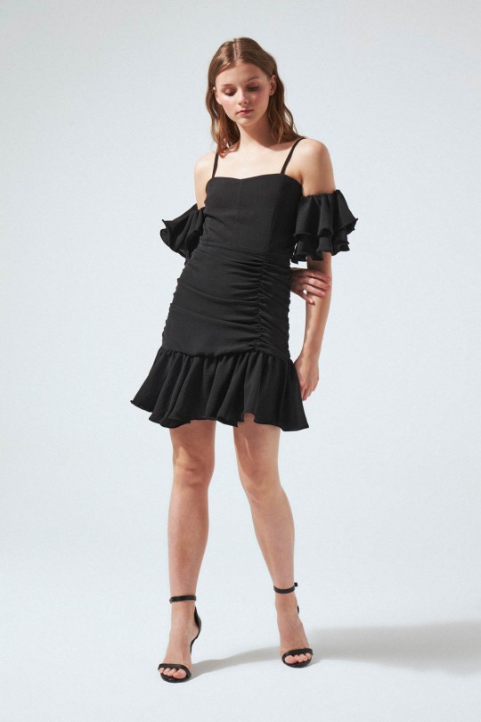 sleeves skirt ruffled skirt bisli dress black - BERFUĞ KIRAN
