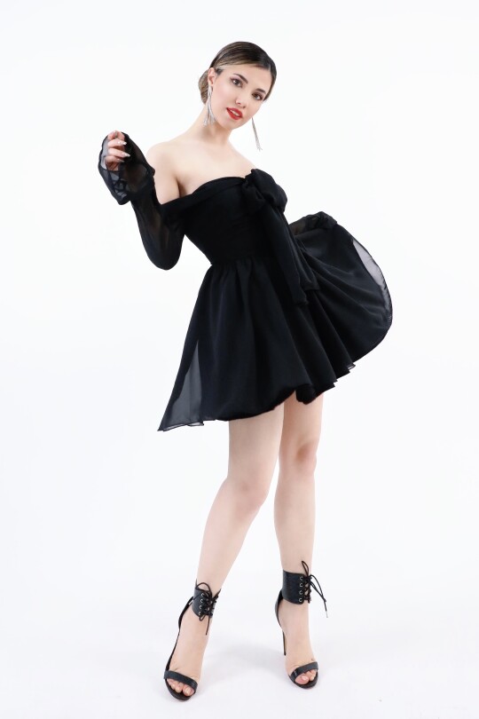 BLACK FRONT-TIE LONG SLEEVE CHIFFON MINI DRESS - Berfuğ KIRAN - 2