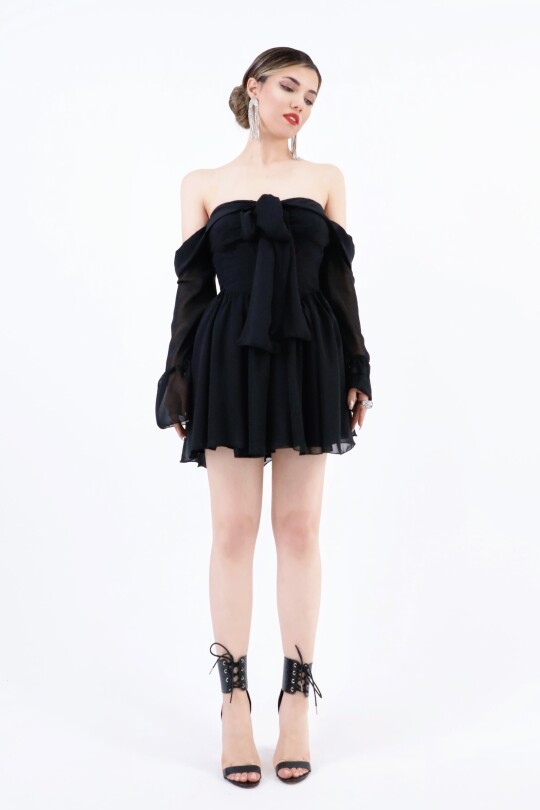BLACK FRONT-TIE LONG SLEEVE CHIFFON MINI DRESS - Berfuğ KIRAN - 3