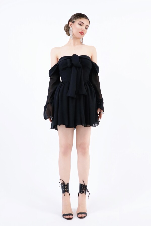 BLACK FRONT-TIE LONG SLEEVE CHIFFON MINI DRESS - Berfuğ KIRAN - 3