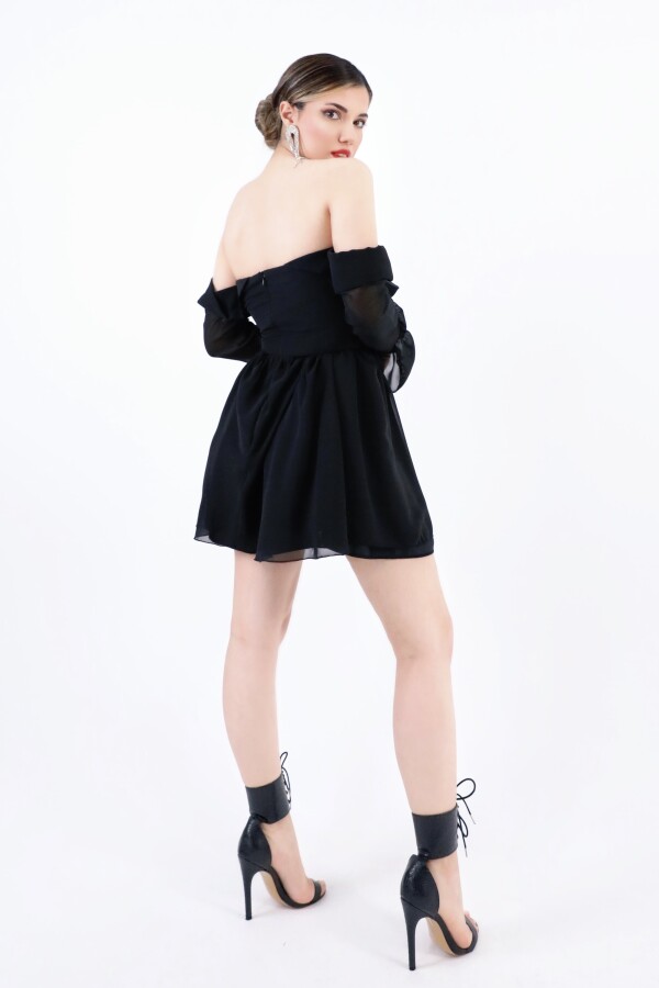 BLACK FRONT-TIE LONG SLEEVE CHIFFON MINI DRESS - Berfuğ KIRAN - 6
