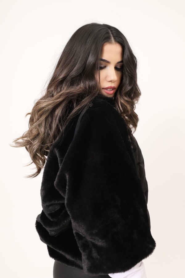 Black Hooded Jacket with Plush Sleeve Details - 4