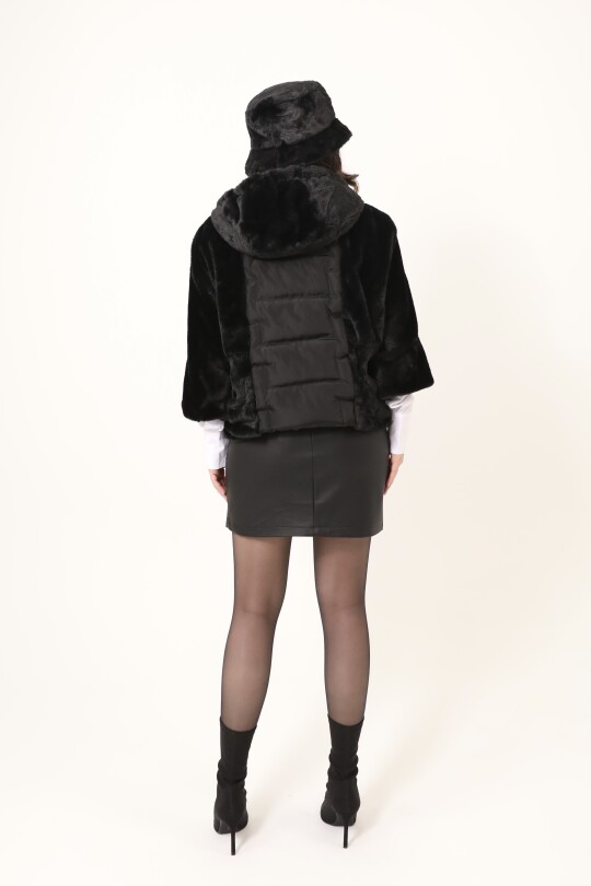 Black Hooded Jacket with Plush Sleeve Details - 5