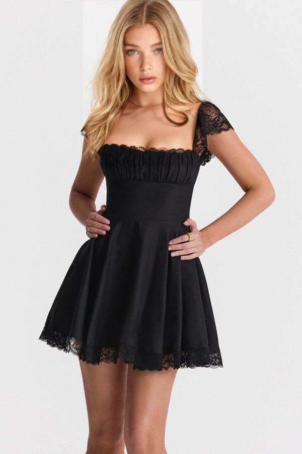 BLACK LACE MINI DRESS WITH FLOUNCED HEM - 4