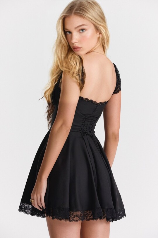 BLACK LACE MINI DRESS WITH FLOUNCED HEM - 7