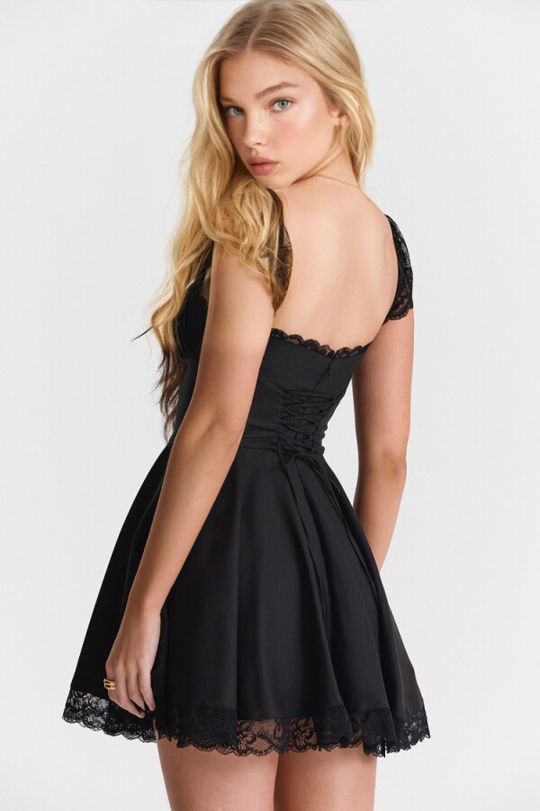 BLACK LACE MINI DRESS WITH FLOUNCED HEM - 7