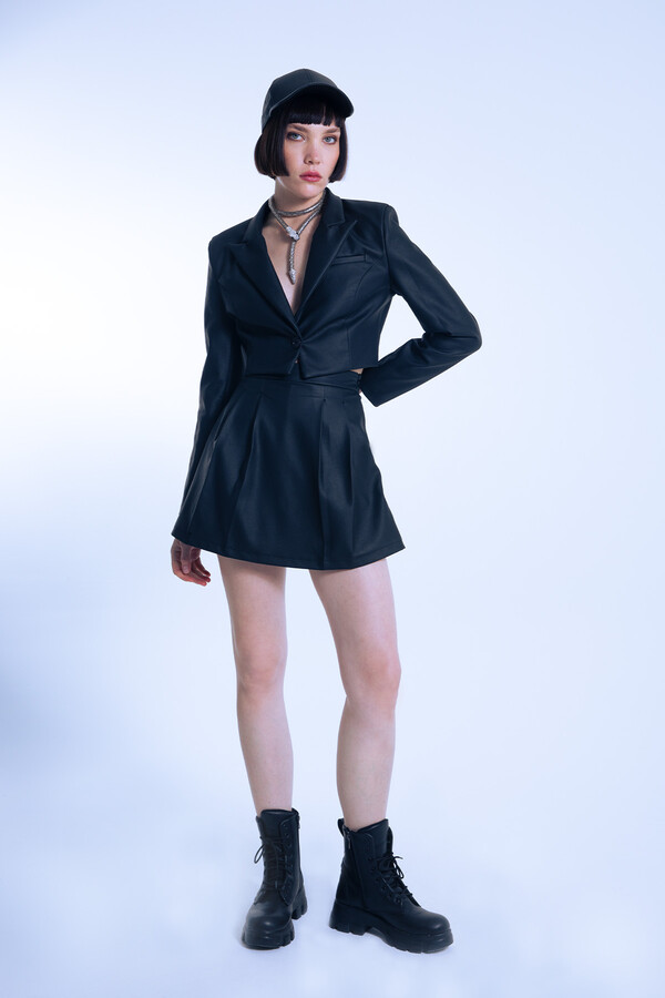 Black Leather Pleated Front Low Waist Skort with Back Shorts - 1