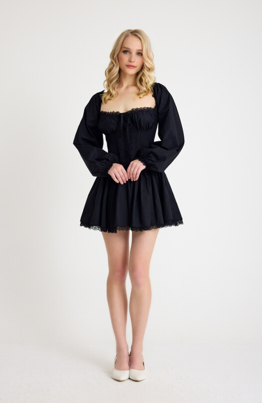Black long-sleeve dress with ruched bust and lace details - 1