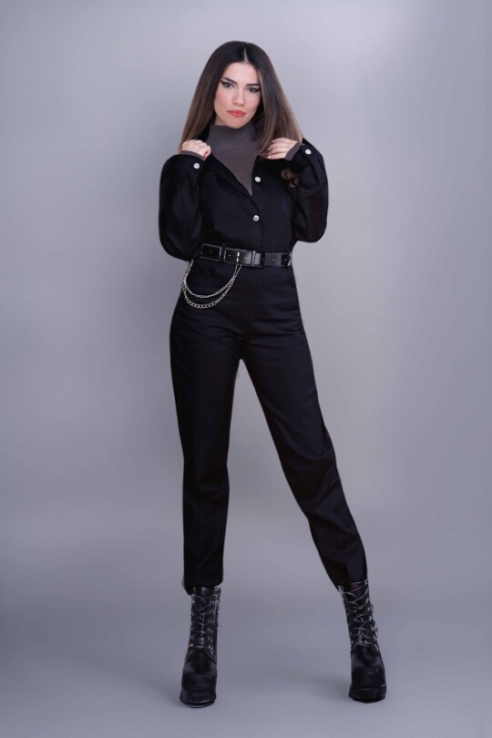Black Long Sleeve Jumpsuit with Pants - 1