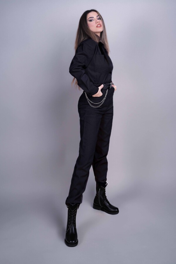 Black Long Sleeve Jumpsuit with Pants - 2