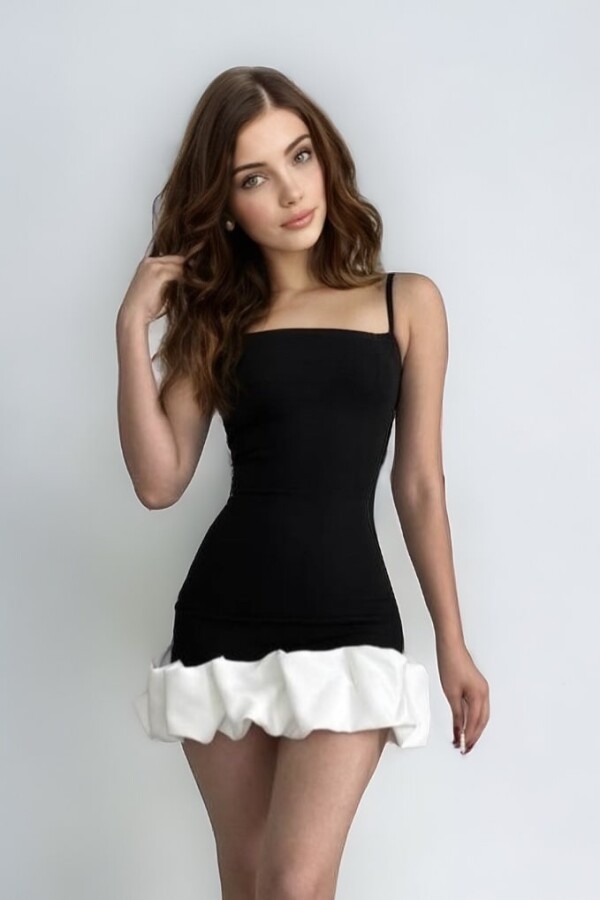 Black Mini Dress with White Straps and Hem - 2
