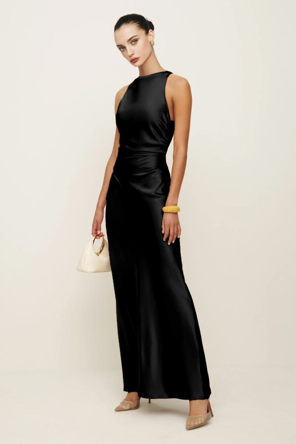 Black satin evening dress with crisscross open back - 1