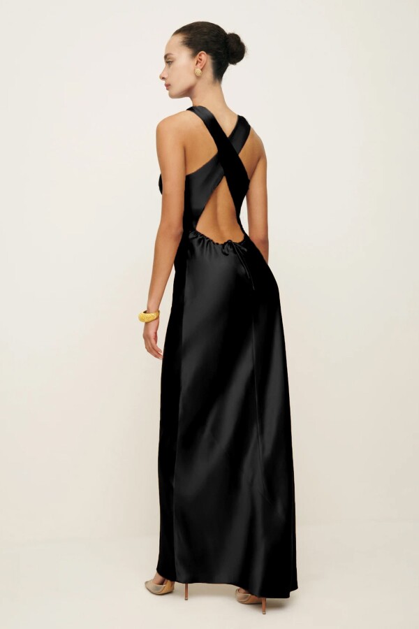 Black satin evening dress with crisscross open back - 5