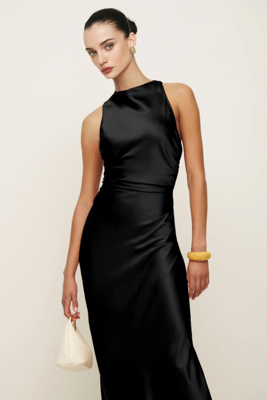 Black satin evening dress with crisscross open back - 4