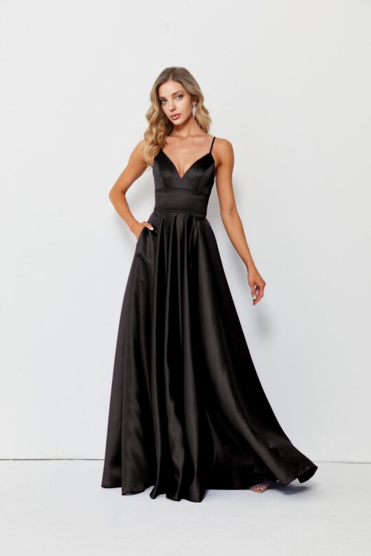 BLACK SATIN GOWN WITH CRISSCROSS OPEN BACK - 2