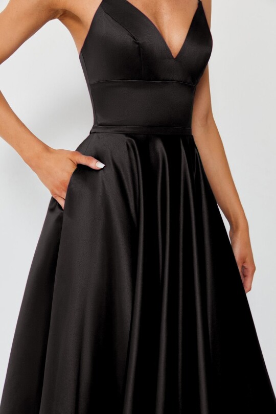 BLACK SATIN GOWN WITH CRISSCROSS OPEN BACK - 3