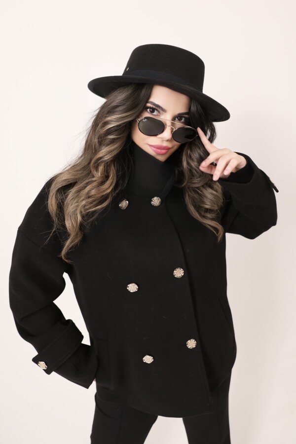 BLACK SHORT WOOL COAT WITH FAUX FUR COLLAR - 3