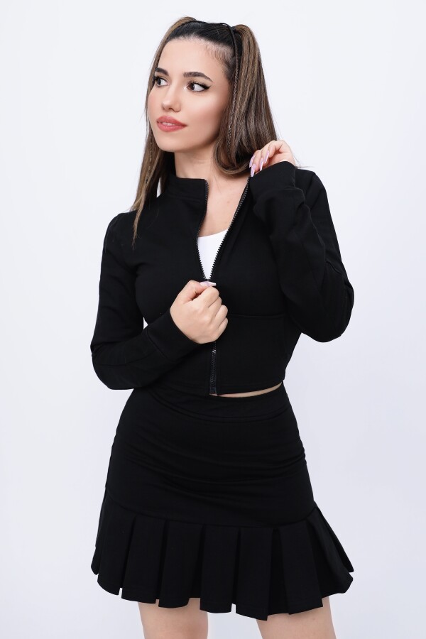 Black Short Zip-Up Sweatshirt with Pockets - 1