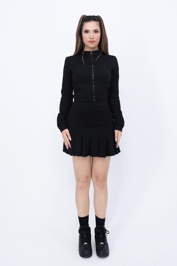 Black Short Zip-Up Sweatshirt with Pockets - 3