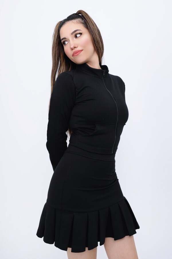 Black Short Zip-Up Sweatshirt with Pockets - 5