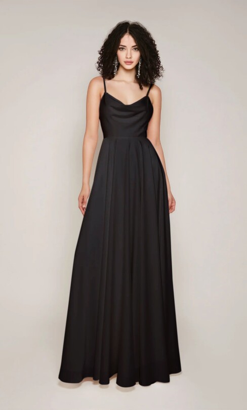 Black sleeveless evening dress with deep front neckline and long chiffon skirt - 1