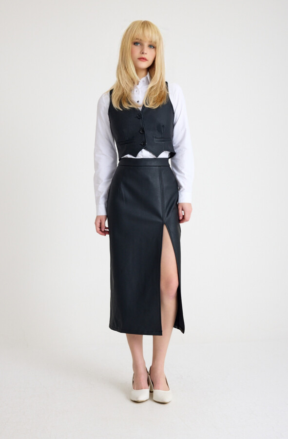 Black Slit Midi Leather Skirt - 1