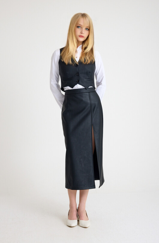 Black Slit Midi Leather Skirt - 2