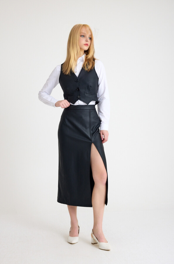 Black Slit Midi Leather Skirt - 3