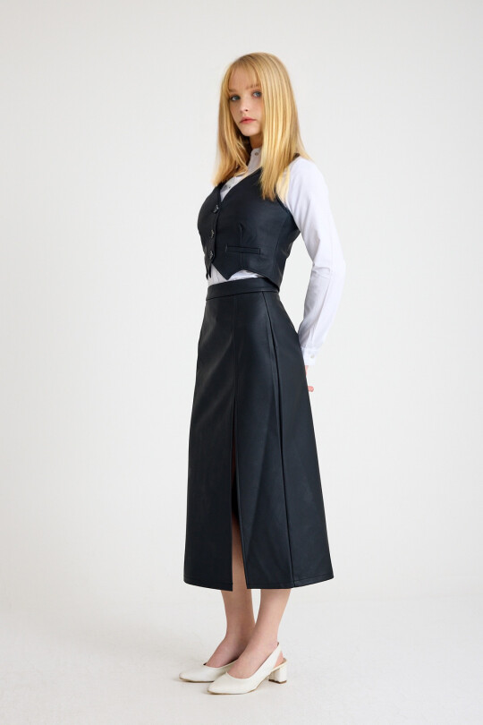 Black Slit Midi Leather Skirt - 4
