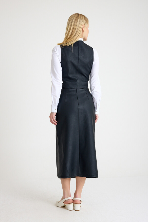 Black Slit Midi Leather Skirt - 5