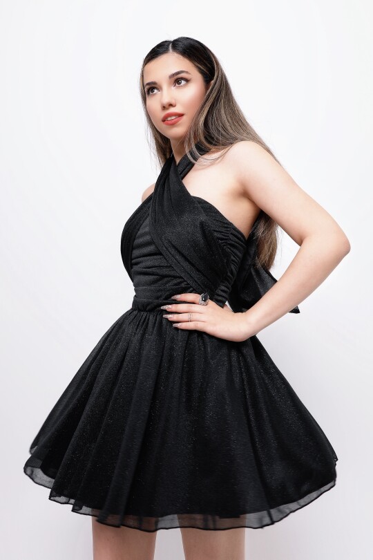 BLACK STRAPLESS GLITTER MINI DRESS WITH WAIST TIE 