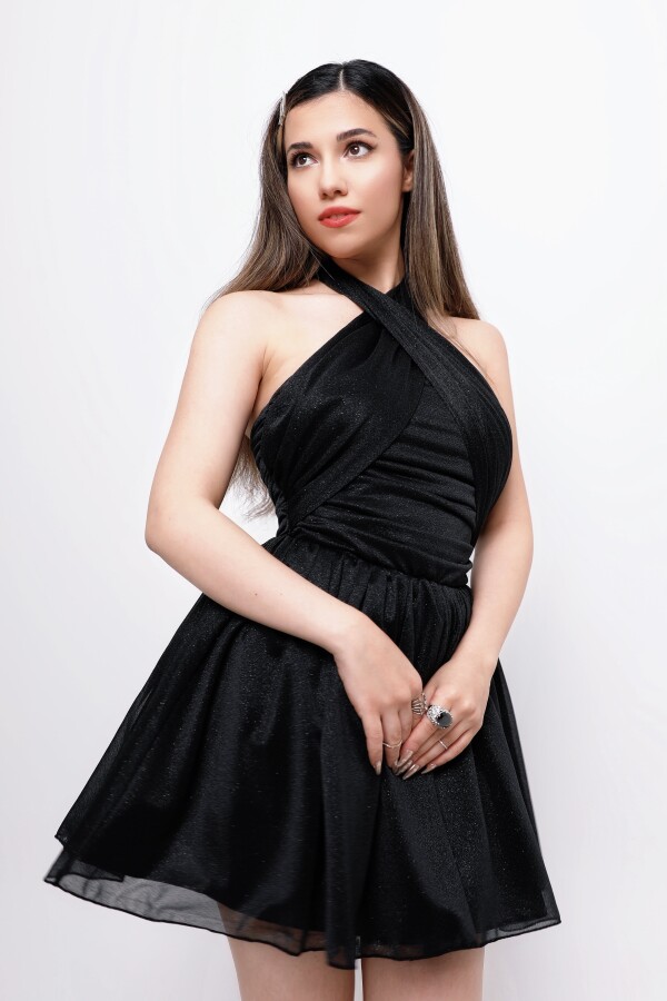 BLACK STRAPLESS GLITTER MINI DRESS WITH WAIST TIE - 2
