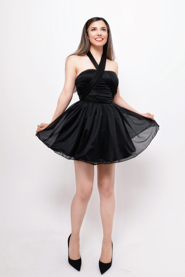 BLACK STRAPLESS GLITTER MINI DRESS WITH WAIST TIE - 3