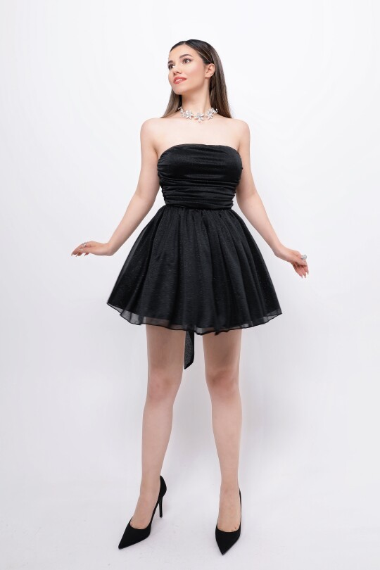 BLACK STRAPLESS GLITTER MINI DRESS WITH WAIST TIE - 4