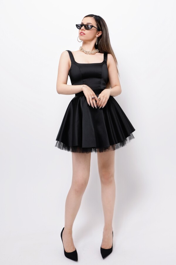 BLACK STRAPPY MINI SATIN DRESS WITH TULLE HEM DETAIL - 1