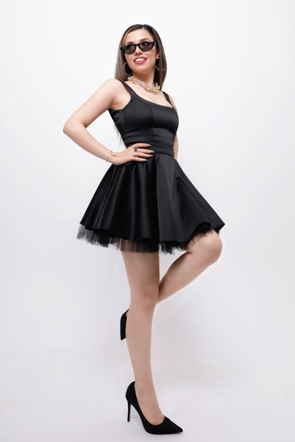 BLACK STRAPPY MINI SATIN DRESS WITH TULLE HEM DETAIL - 3