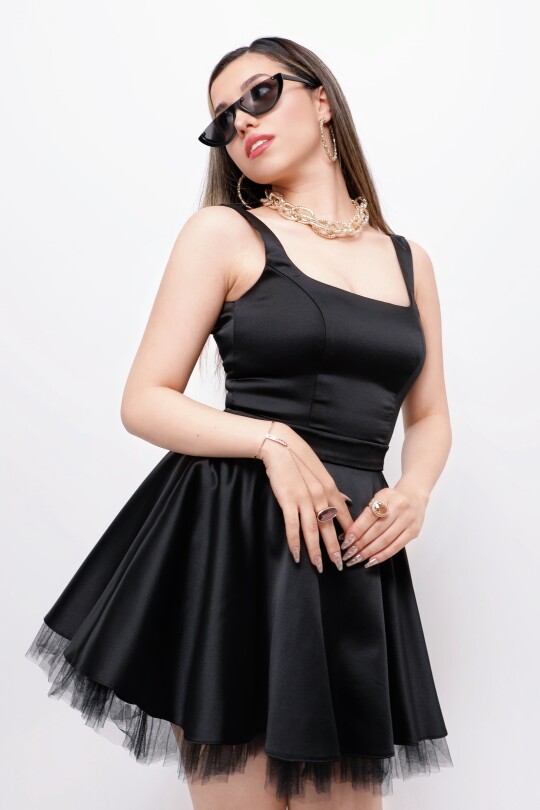 BLACK STRAPPY MINI SATIN DRESS WITH TULLE HEM DETAIL - 4
