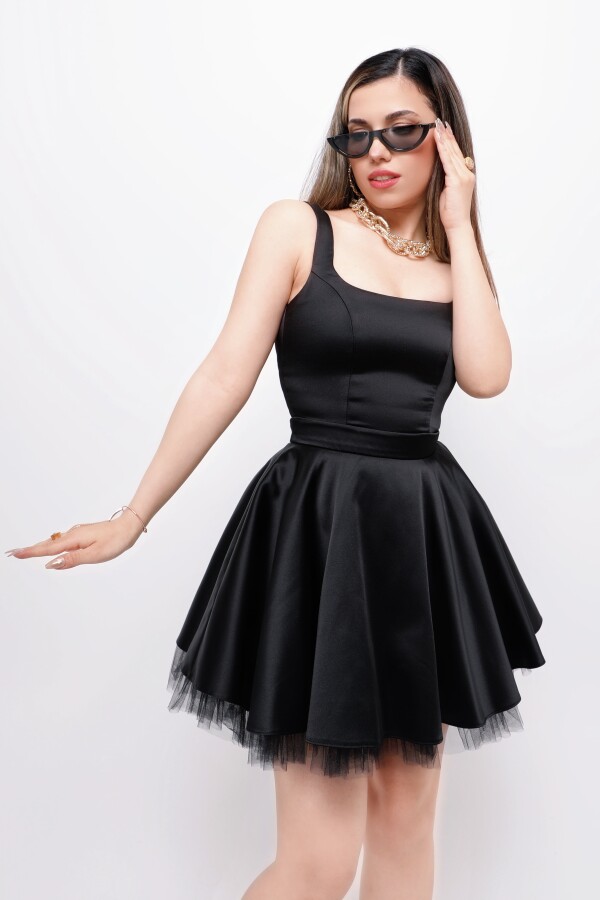 BLACK STRAPPY MINI SATIN DRESS WITH TULLE HEM DETAIL - 5