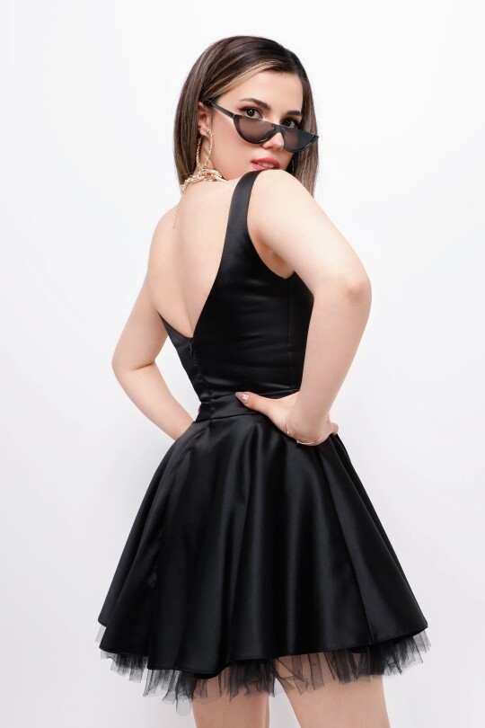 BLACK STRAPPY MINI SATIN DRESS WITH TULLE HEM DETAIL - 7