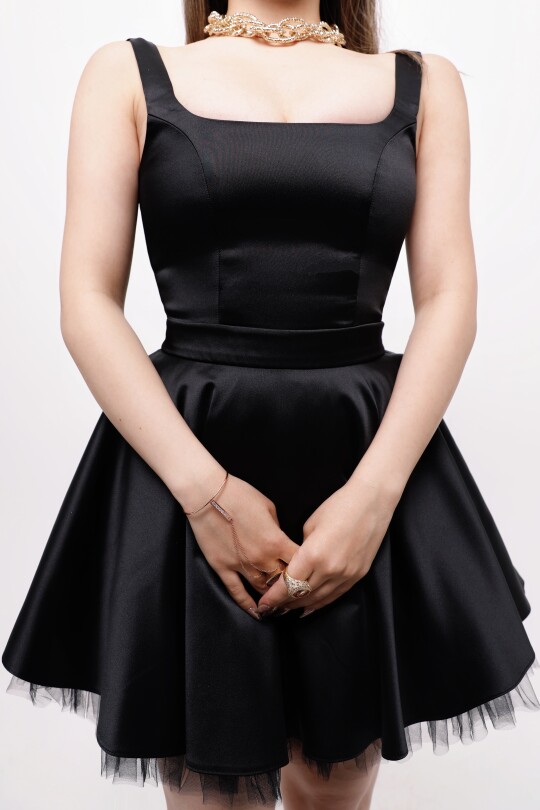 BLACK STRAPPY MINI SATIN DRESS WITH TULLE HEM DETAIL - 8