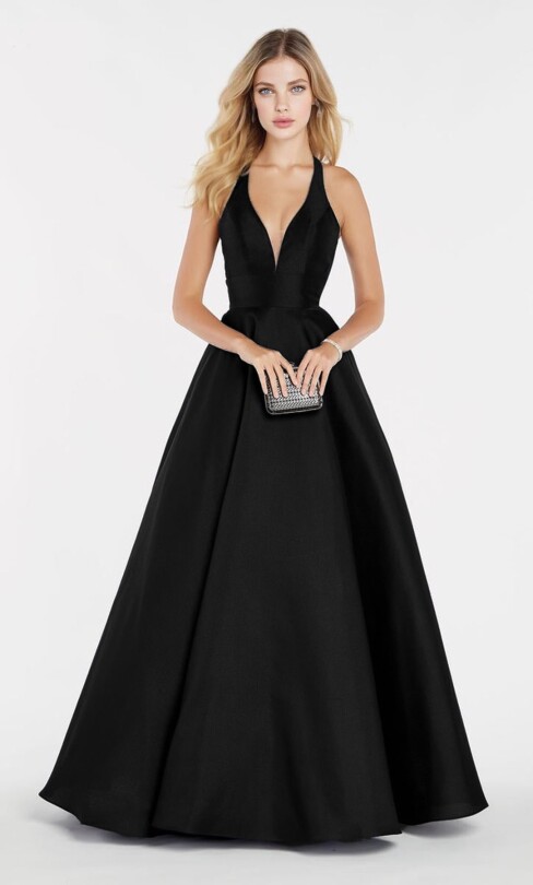 BLACK TAFFETA GOWN WITH OPEN BACK AND FULL SKIRT - 1