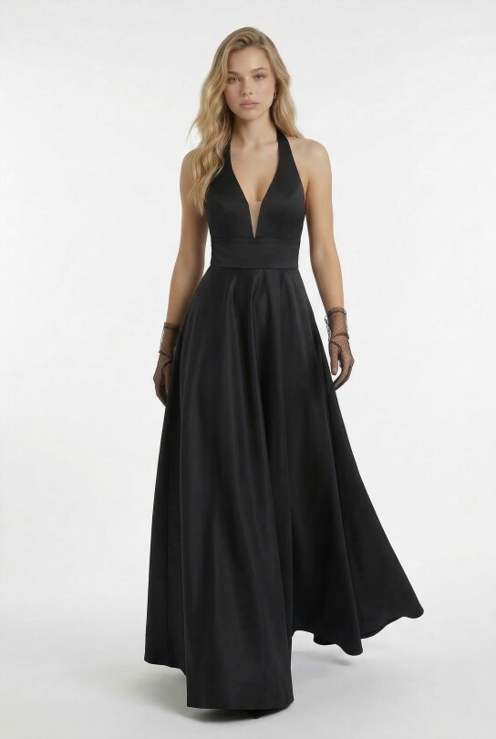 BLACK TAFFETA GOWN WITH OPEN BACK AND FULL SKIRT - BERFUĞ KIRAN